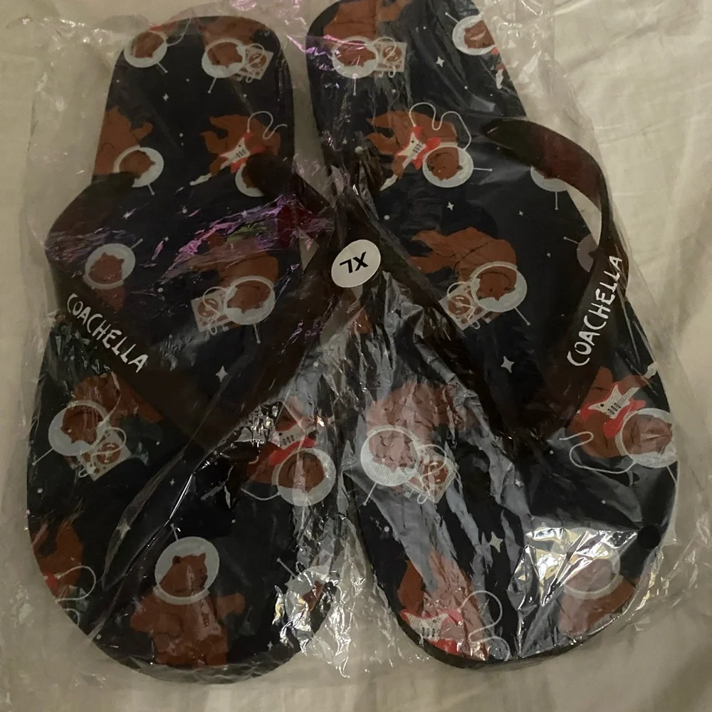 Coachella Music Festival Flip Flops New Sealed Bag Sz XL Black Red Brown White.